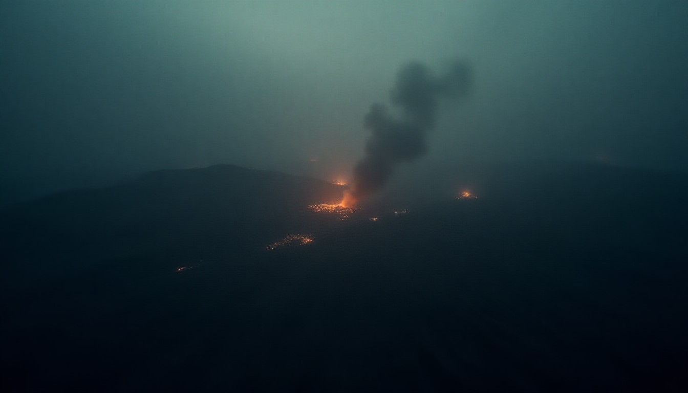 Abstract aerial view of fractured terrain with smoke plumes and scattered light flares over a dark landscape