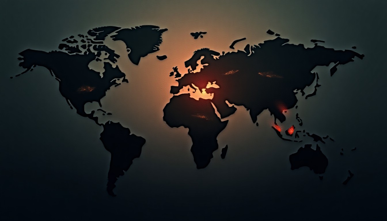 abstract map silhouette with icons of drones, missiles and explosions over a stylized globe
