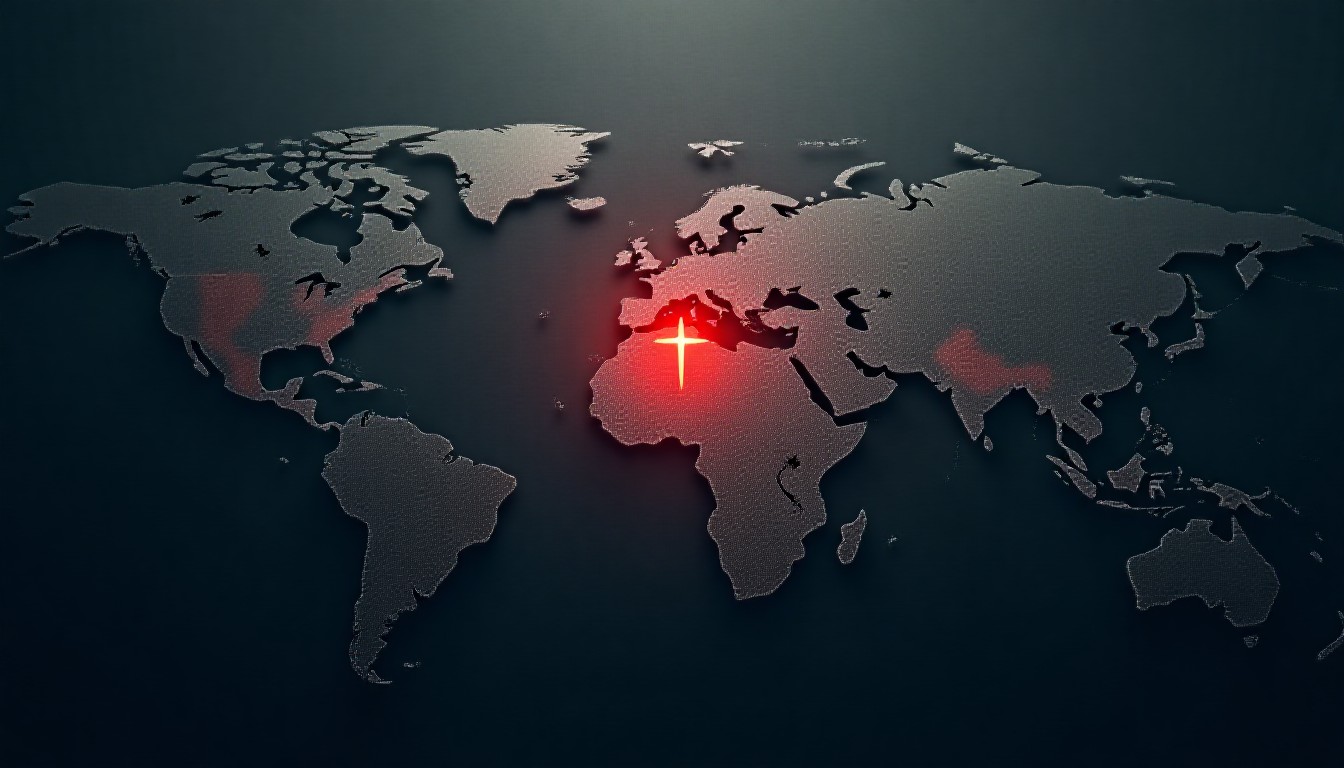 Abstract map lines and a red cross over a globe