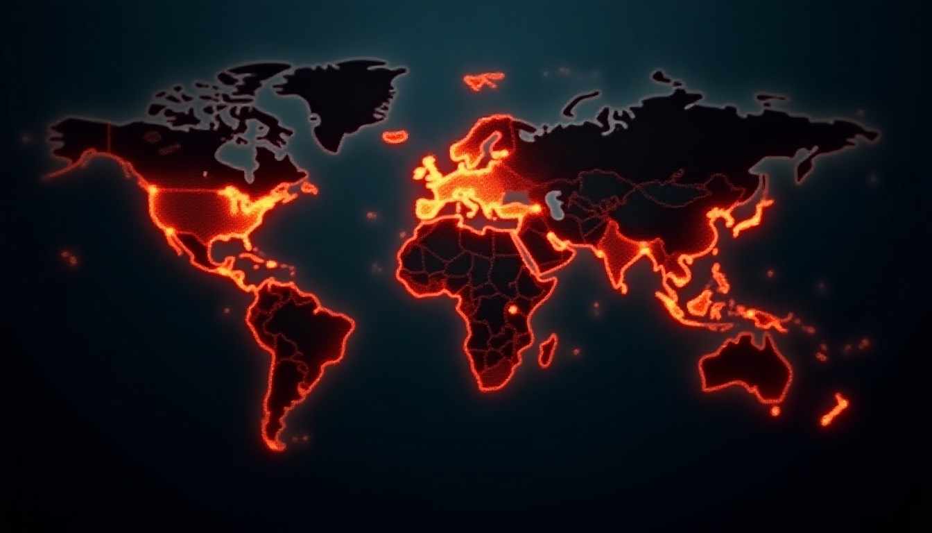 Abstract dark world map with glowing amber strike points connected by thin arcing light trails