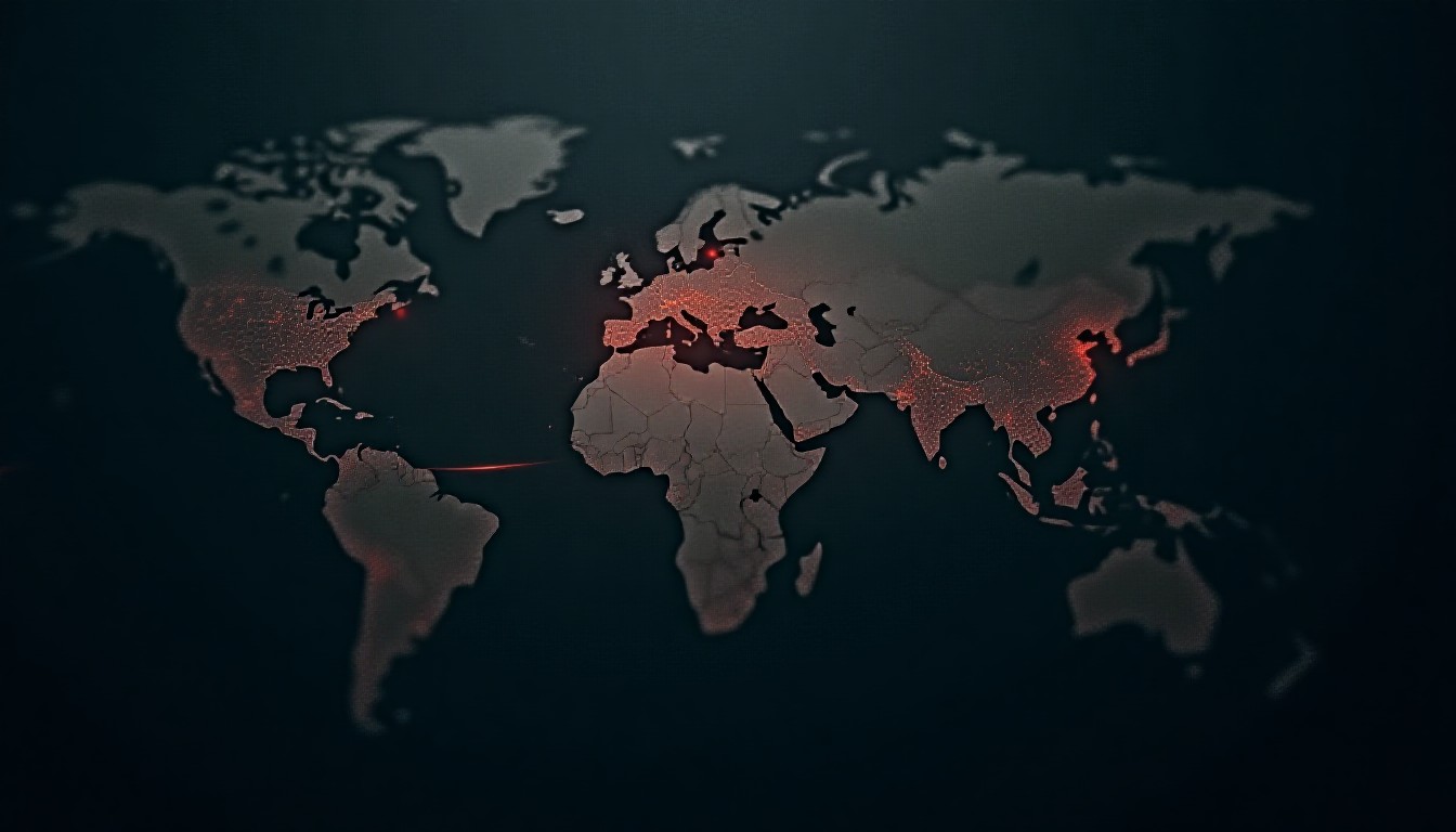 Abstract depiction of overlapping military drones and missile trajectories over a stylized map