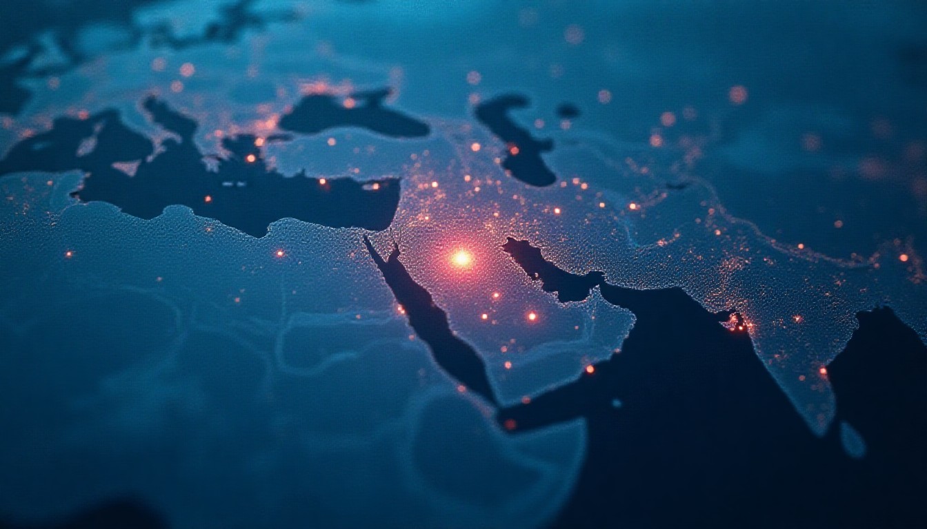 abstract map with overlapping red and blue arrows indicating missile and drone trajectories