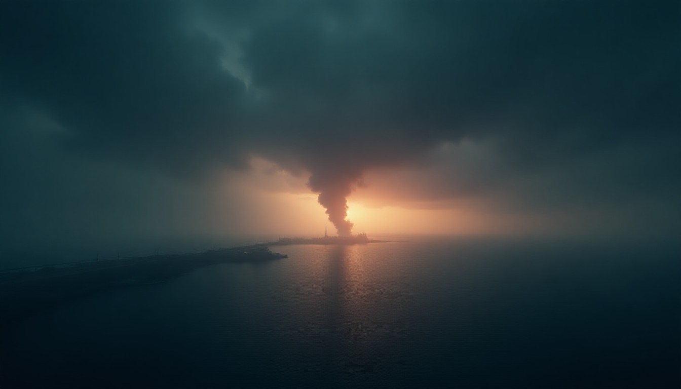Dark storm clouds gathering over a narrow strait of water at dawn, distant smoke rising