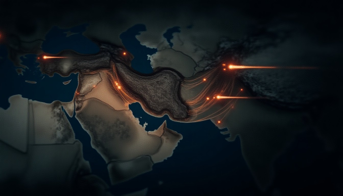 A stylised map showing missile trajectories over Iran and Europe