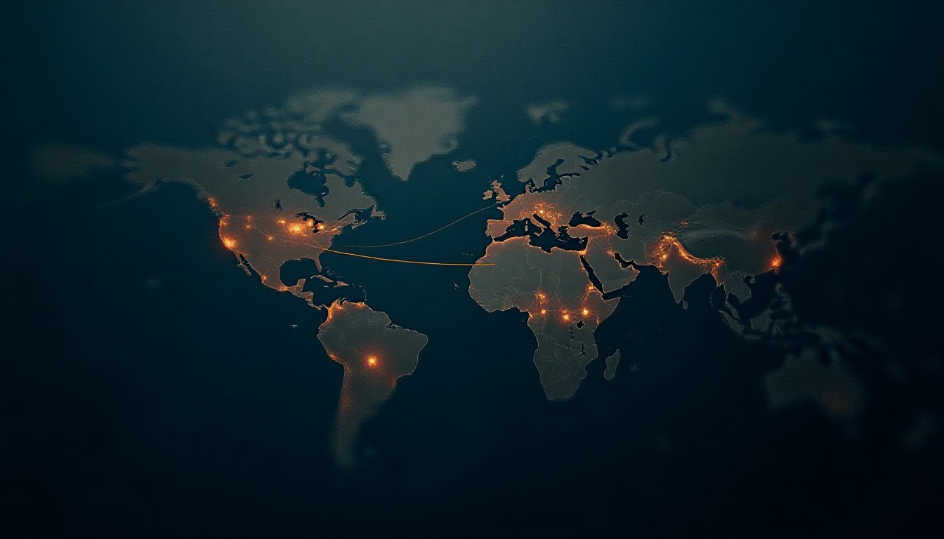 A stylized map overlay with highlighted maritime, aerial, and pipeline routes.