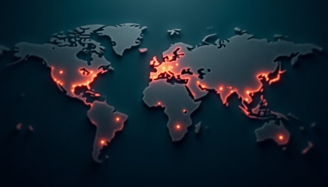 Abstract world map with pulsing incident markers in Iran, Ukraine, US, Germany, Syria