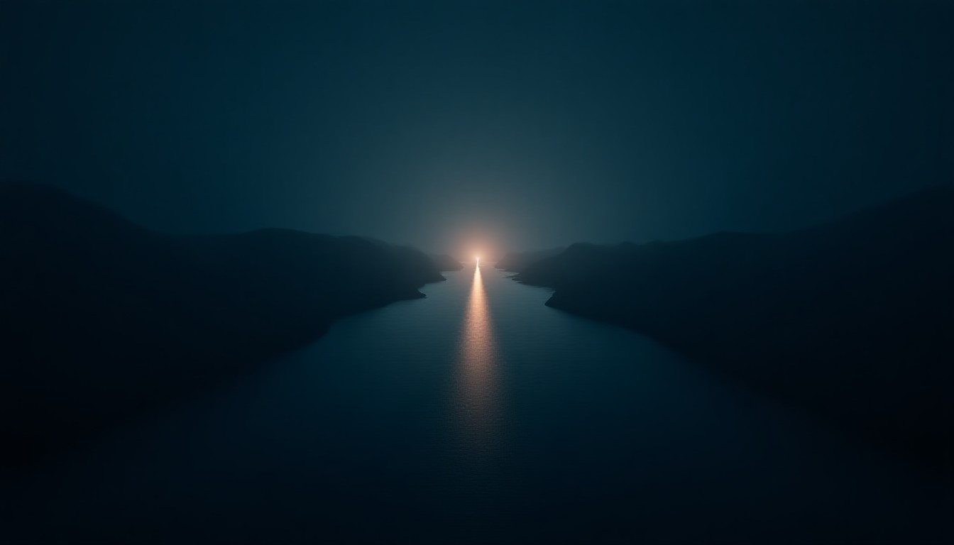 Dark abstract seascape at night with streaks of light crossing a narrow waterway between shadowed coastlines