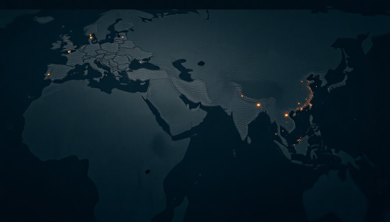 A stylized map with highlighted conflict zones and maritime routes