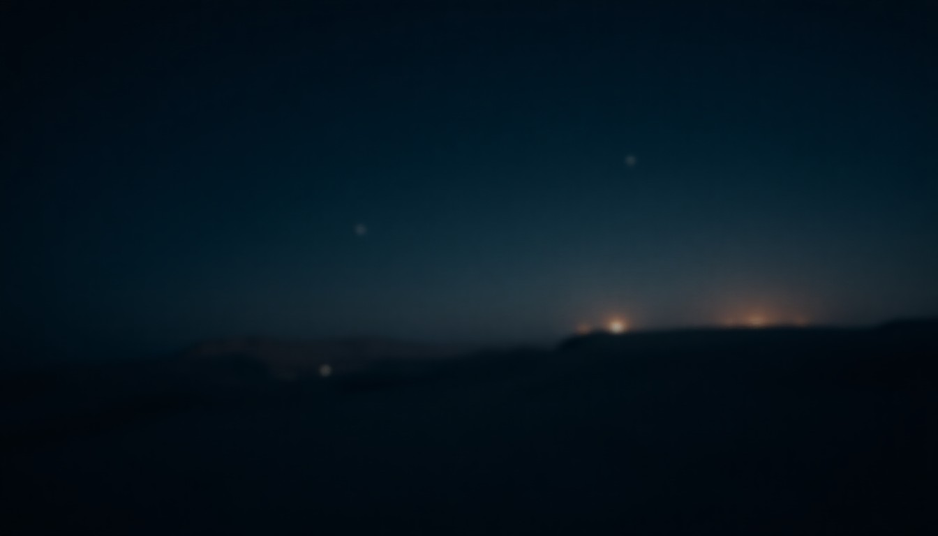 Abstract night sky over desert coastline with faint distant glows suggesting airstrikes on horizon